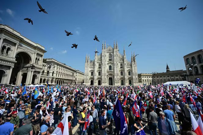 Rassemblement organisé par le groupe Les Patriotes pour l’Europe intitulé « Sans peur : en Europe, patrons chez nous » à Milan, le 18 avril 2026.