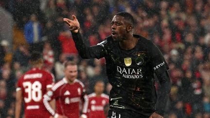 Ousmane Dembélé après son but face à Liverpool en quart de finale retour de la Ligue des champions face à Liverpool, le 14 avril 2026. (FRANCK FIFE / AFP)
