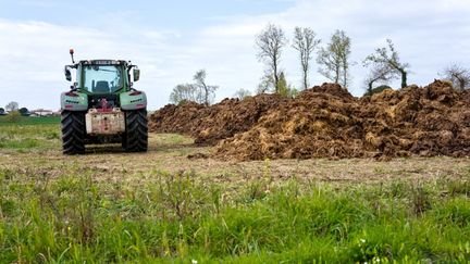 Un tracteur stationné à côté d'un tas de fumier, à Montaigu-Vendée, le 31 mars 2026. (MATHIEU THOMASSET / HANS LUCAS / AFP)