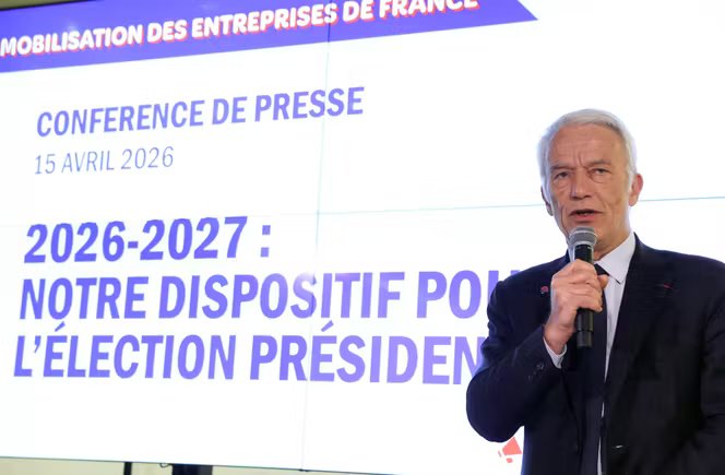 Le président du Mouvement des entreprises de France, Patrick Martin, lors d’une conférence de presse sur les initiatives de l’organisation patronale en vue de l’élection présidentielle de 2027, à Paris, le 15 avril 2026.