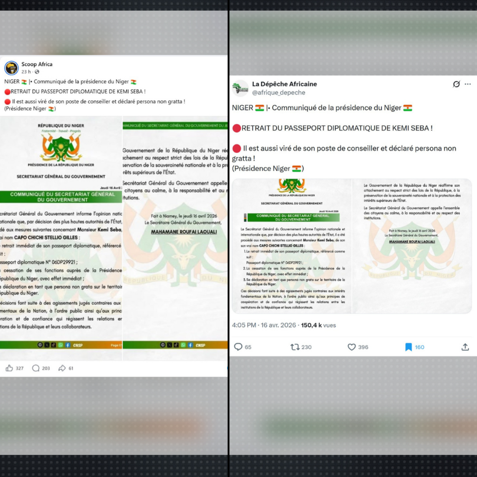 Captures d'écran des publications ayant diffusé les premiers le faux communiqué. À gauche, publication de Scoop Africa, publiée sur Facebook à 16h03 le 16 avril 2026. À droite, publication de la Dépêche africaine publiée sur X deux minutes plus tard, à 16h05.