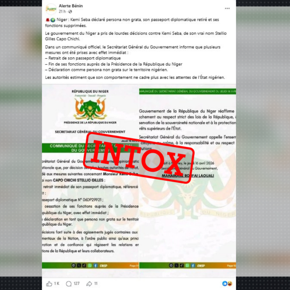 Publication du compte Facebook Alerte Bénin, qui partage le faux communiqué du CNSP le 16 avril, 2026. Pour ce compte, les autorités nigériennes estimeraient que le comportement de Kemi Seba “ne cadre plus avec les attentes de l’État nigérien".