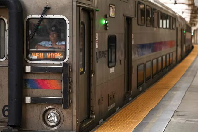 Un train du NJ Transit en direction de New York, à Newark, dans le New Jersey, le 17 avril 2026.
