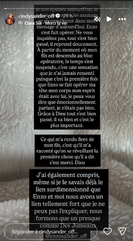 Cindy Sander : son fils Enzo opéré, elle remercie les fans