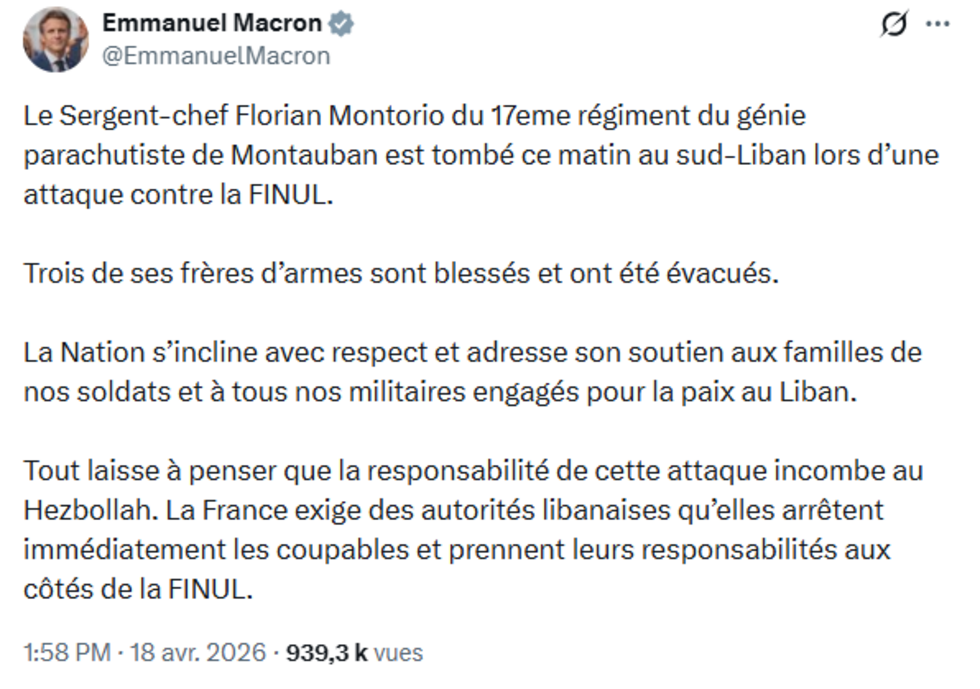 Emmanuel Macron annonce la mort de Florian Montorio, soldat français de la Finul tué au Liban dans une embuscade, samedi 18 avril.