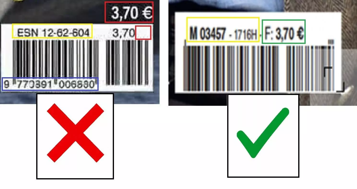 À gauche le code barre affiché sur la fausse une, à droite celui visible sur la vraie une de Gala.