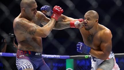 Les combattants Alex Pereira (à gauche) et Cyril Gane (à droite) lors de la soirée UFC Freedom 250, le 14 juin 2025 à Washington. (CHRIS GRAYTHEN / GETTY IMAGES NORTH AMERICA VIA AFP)