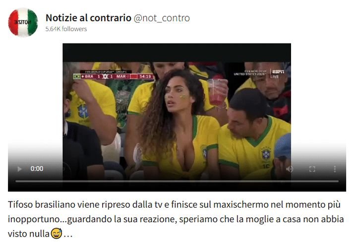Capture écran d'une vidéo générée par IA censée montrer un homme regarder la poitrine de sa voisine supportrice pendant le match Brésil-Maroc. (Capture écran X)