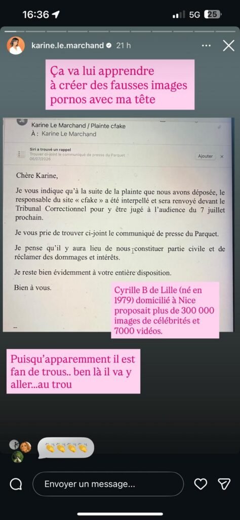 "Ça va lui apprendre à créer des fausses images pornos avec ma tête" : Karine Lemarchand fait emprisonner un informaticien français