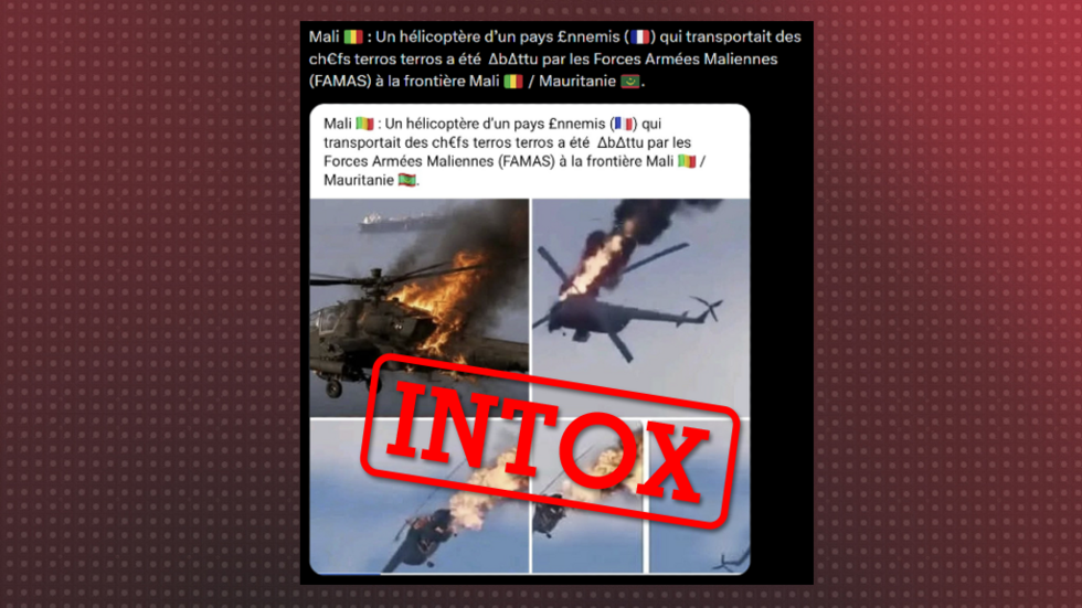 Contrairement à ce qu’affirme cet internaute, ces images ne montrent pas l’abattage réel d’un hélicoptère français mais un Apache américain et des images probablement issues d’un jeu vidéo