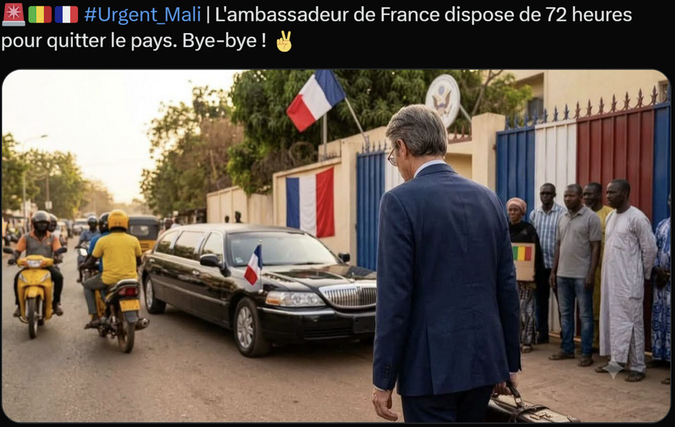 Sur X, un internaute annonce le 28 juin 2026  l’expulsion de l’ambassadeur de France au Mali. Aucune annonce en ce sens n’a été faite.