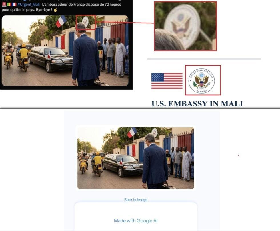 La photo publiée le 26 juin 2026 censée illustrer l’expulsion de l’ambassadeur de France du Mali a été générée par IA. Sur la photo (en haut), le bâtiment censé être celui de l'ambassade de France porte l’insigne de l’ambassade des États-Unis.