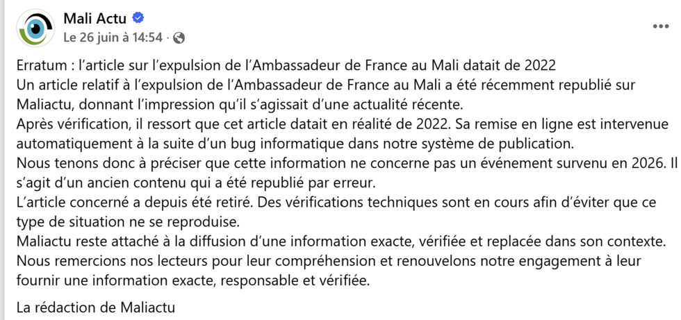 L’erratum publié par Mali Actu le 29 juin 2026.
