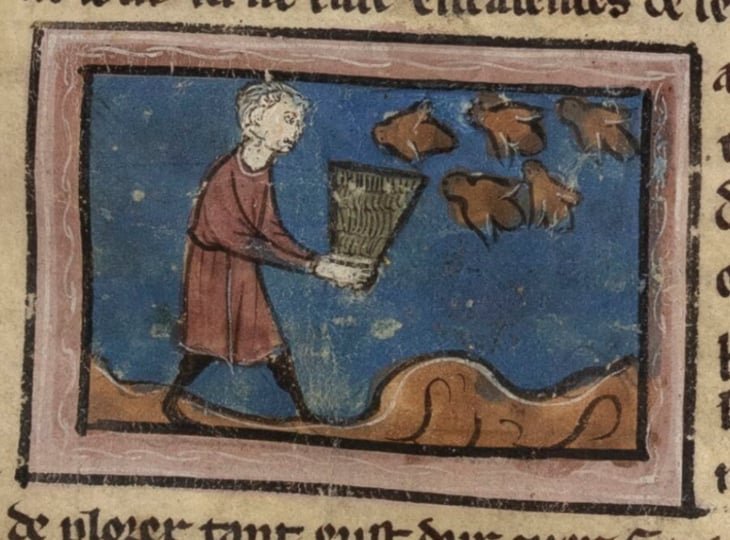 Un homme tente d'attraper des abeilles dans un panier. Illustration tirée d'un manuscrit français médiéval. | Bibliothèque nationale de France / CC BY-SA 4.0