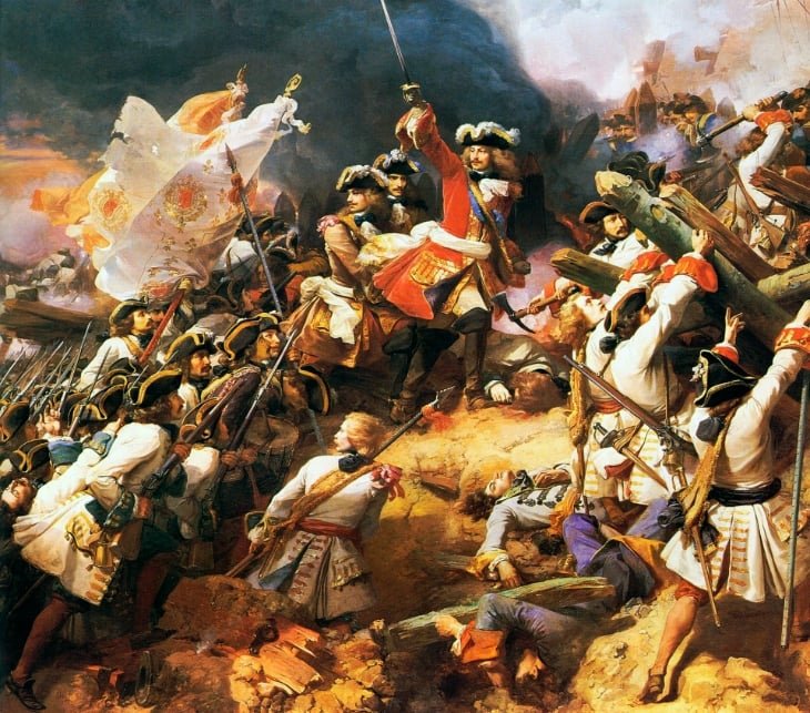 Bataille de Denain, 24 juillet 1712, huile sur toile de Jean Alaux, peinte en 1839 et exposée dans la galerie des Batailles du château de Versailles (Yvelines). Au centre: le commandant des troupes françaises, le maréchal Claude Louis Hector, duc de Villars. | Collections du château de Versailles / domaine public / Wikimedia Commons