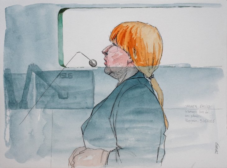 Croquis d'audience représentant Carmen Enciso, lors du procès de cette ancienne boulangère, accusée du meurtre de son compagnon François Vigouroux en mai 2022, au tribunal de Perpignan (Pyrénées-Orientales), le 3 juin 2026. | Pat Batard / Hans Lucas / AFP