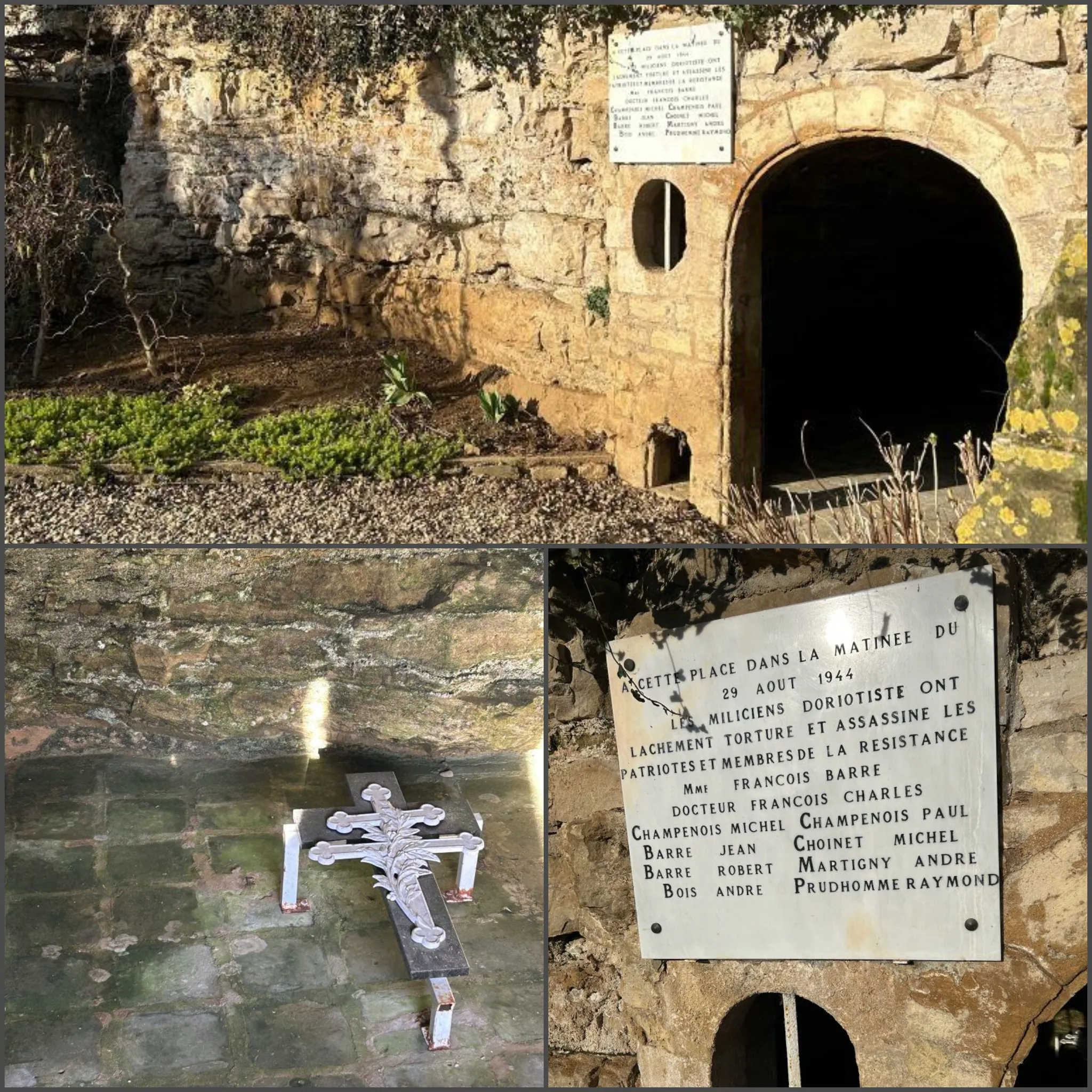 Différenres vues de la grotte de Gaulier, notamment la plaque commémorative