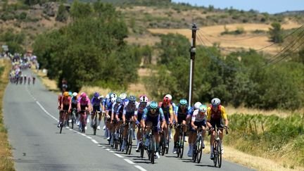 Les coureurs dans l'échappée lors de la quatrième étape du Tour de France entre Carcassonne et Foix, le 7 juillet 2026. (DAVID PINTENS / BELGA MAG / AFP)