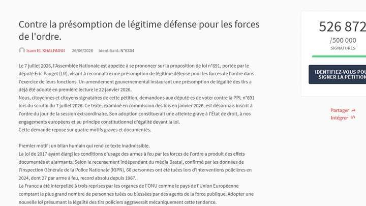 La pétition, sur le site de l'Assemblée nationale, contre la présomption de légitime défense pour les forces de l'ordre, le 9 juillet 2026. (CAPTURE D'ECRAN / ASSEMBLEE NATIONALE)