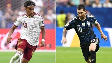 L'Espagnol Lamine Yamal et l'Argentin Lionel Messi s'affrontent en finale du Mondial, à New York, le 19 juillet 2026. (CHARLY TRIBALLEAU, ROBERTO SCHMIDT / AFP)