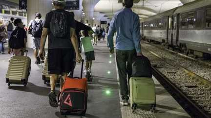 Des vacanciers gare d'Austerlitz, à Paris, le 21 juillet 2026. (ERIC BRONCARD / HANS LUCAS / AFP)