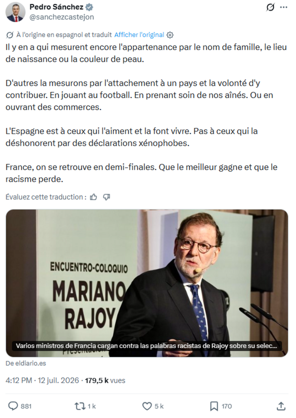 Une capture d'écran d'une publication sur X de Pedro Sanchez, le 12 juillet 2026