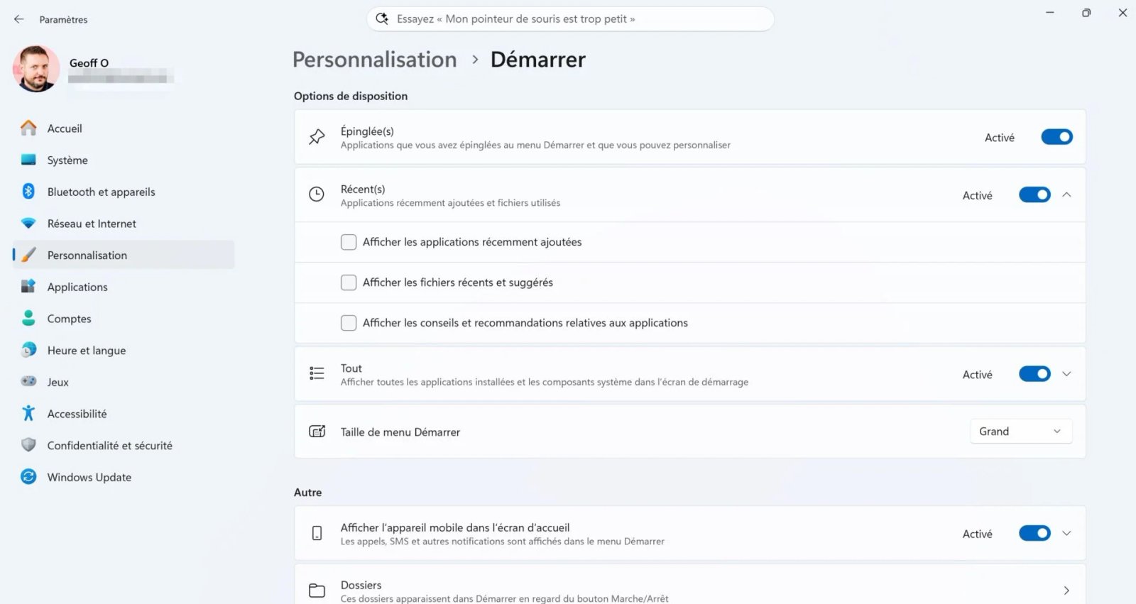 Windows 11 Paramètres Menu Démarrer