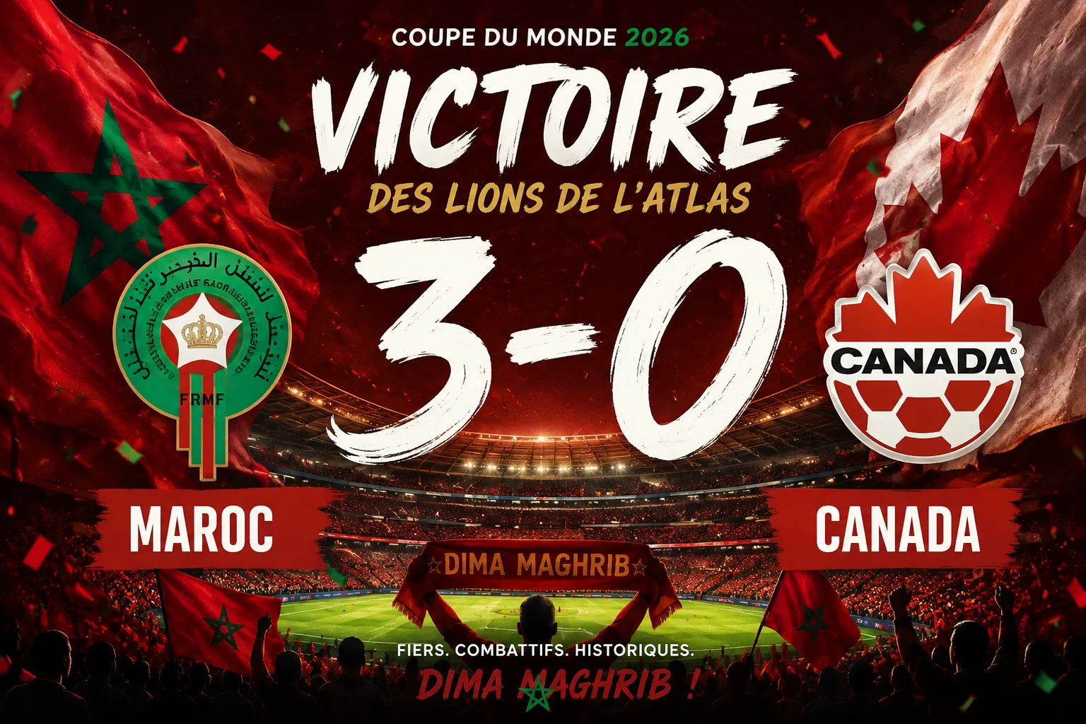 Maroc – Canada (3-0) : Les Lions de l’Atlas survolent le Canada et s’offrent un quart de finale historique de la Coupe du monde 2026 Maroc – Canada (3-0) : Les Lions de l’Atlas survolent le Canada et s’offrent un quart de finale historique de la Coupe du monde 2026