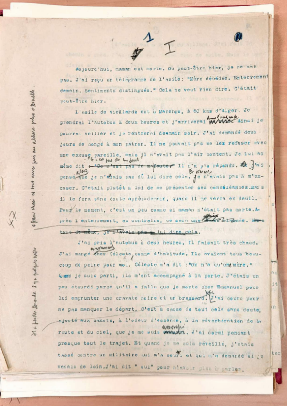 manuscrit de L’Étranger d’Albert Camus, premier chapitre.