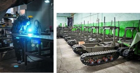 Près de 92 modifications ont été effectuées, depuis 2022, sur l\'Ardal (à droite), une sorte de petit char tout-terrain de la taille d\'un Caddie de supermarché, produit par l\'entreprise Burevii, et dont les sites de production sont tenus secrets (à gauche).