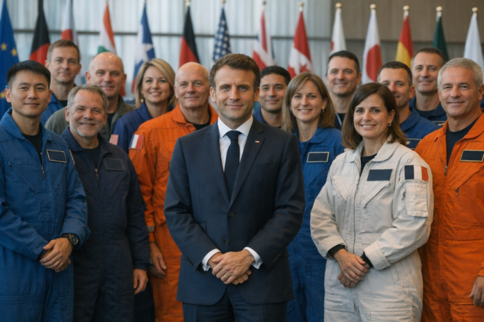 Macron en photo de groupe avec une vingtaine d'astronautes au sommet spatial