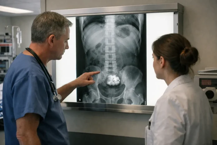 Aux urgences, une douleur abdominale révèle une masse métallique dans l’estomac
